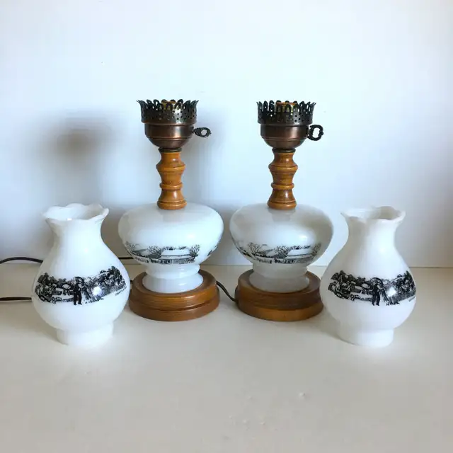 Vintage Currier & Ives Milk Glass And Wood 18" Tall Table Lamps in Indoor Lighting & Fans in Markham / York Region - Image 4
