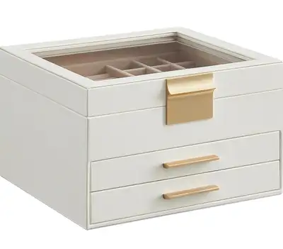 SONGMICS 3-Layer Jewelry Box with Glass Lid – Cloud White + Gold Keep your jewelry beautifully organ...