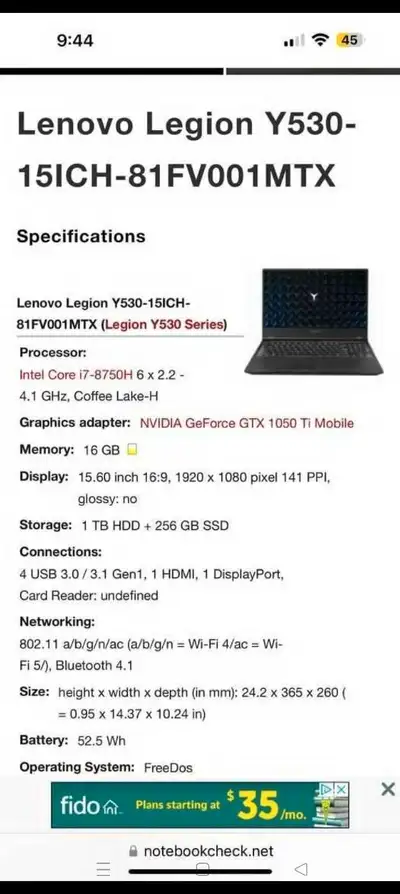 Used Lenovo Legion Y530-15ICH gaming laptop. Intel Core i7-8750H processor. Features 8GB RAM and a 1...