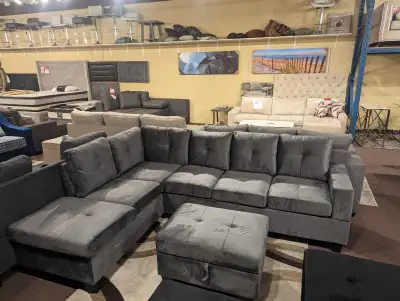 Grey Tufted Sectional Sofa with Ottoman, View more