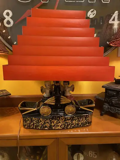 Vintage MCM Oriental TV Ceramic Lamp with  Venetian Metal Shade, View more