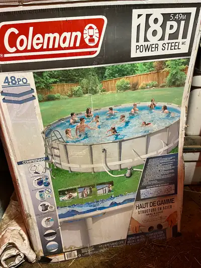 For sale: 18' × 48" round Coleman above ground pool. Comes with cover, ladder pump & 9 brand new fil...