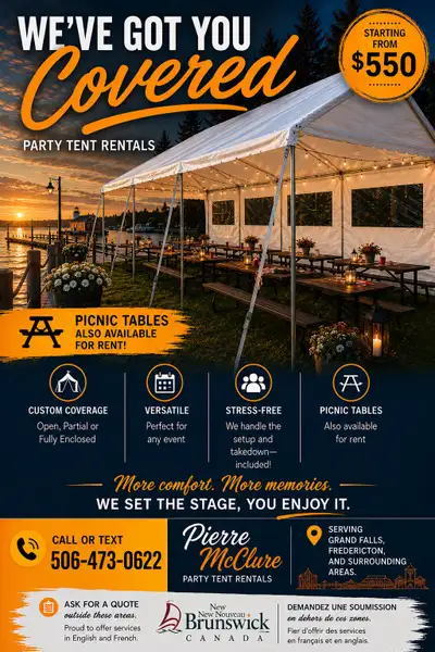 Party tents and resin picnic tables. Fredericton Area. Outside of this area message for delivery pri...