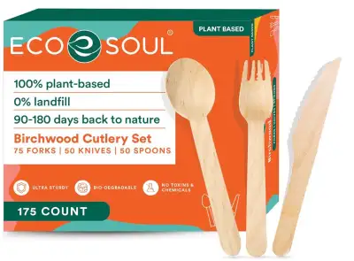 ECO SOUL 100% Compostable Cutlery [175-Pack] Disposable Wooden, View more