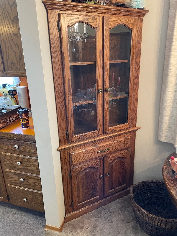2 Vintage Oak Corner Curio Hutches Hutches & Display