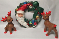 Christmas Decorations 14.5" Wreath & A Pair 11" Reindeer, Signed