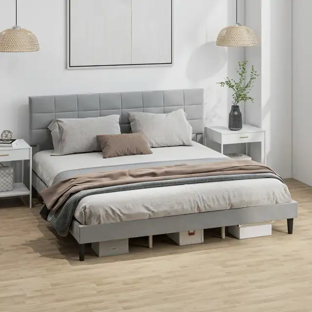 Modern King Size Bed Frame with Upholstered Headboard  in Beds & Mattresses in Markham / York Region - Image 9