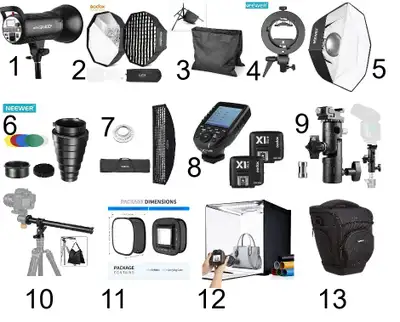 This is a package deal. Everything $600 over a $1000 in accessories 1. Godox SK400II Studio Strobe 1...