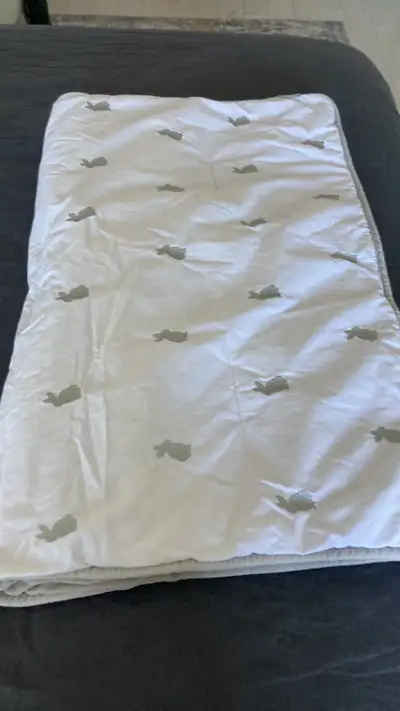 Maison sans fumée , très beau couvre lit blanc avec des petits lapins gris . Presque neuf . Le drap...
