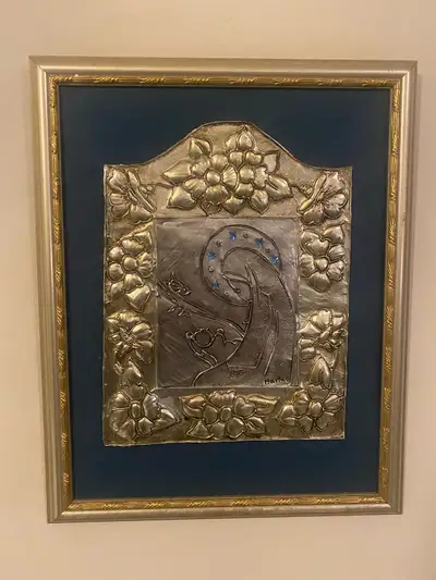 antique framed Madonna and baby signed relief sculpture.20”x16"., View more