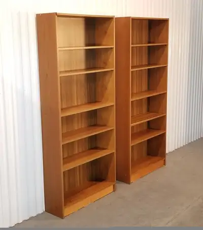 Pair mcm bookcases teak true & faux 73in H, 6 shelves 4 moveable, View more