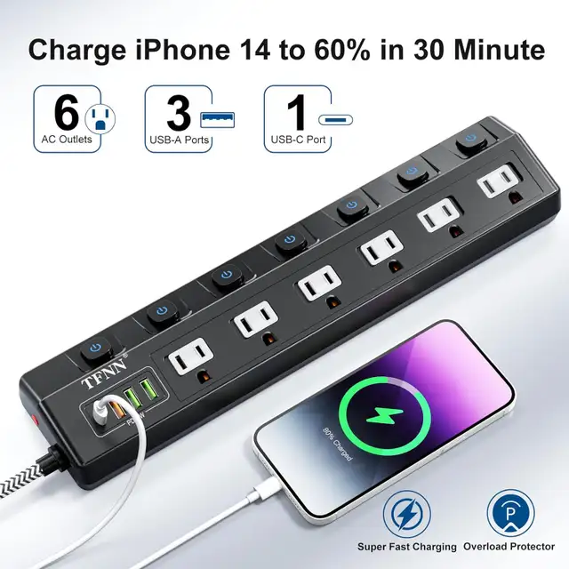 Extension Cord Power Strip with USB Ports 70W 4 USB Charging Sta in Cables & Connectors in Ottawa - Image 7