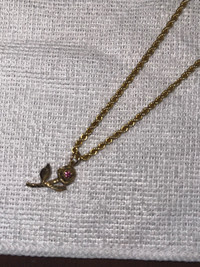 14k Gold Rope Chain Necklace With 10K Gold Ruby Rose Pendant