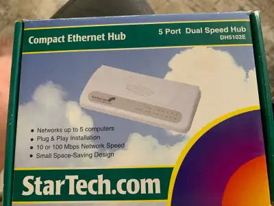 New in box. 5 port dual speed hub. Networks up to 5 computers.