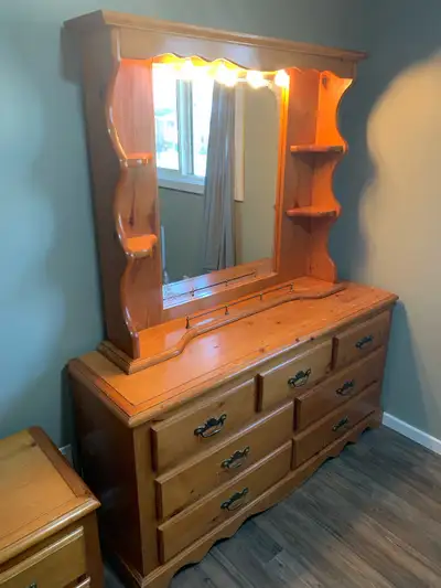 Bedroom set - includes queen bed frame & mattress, night table, and a vanity/dresser. A little scuff...