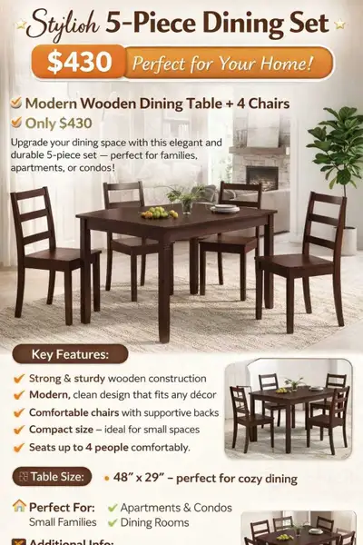 5-Piece Dining Table Set – Modern Design – Strong & Stylish, View more