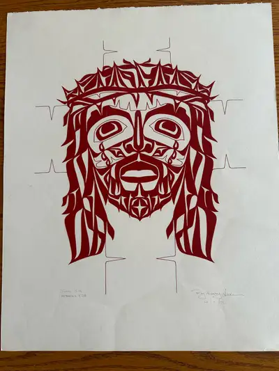 John 15:13 Hebrew 9:28 (Jesus Christ in Red) by Roy Henry Vickers. Dated and signed in pencil 4/7/76...