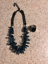 Lia Sophia Blue glass necklace and matching ring