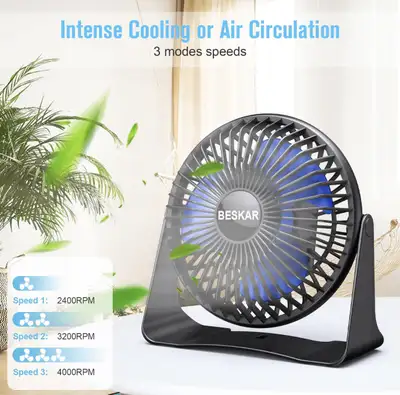  USB Small Desk Fan, Portable Fans with 3 Speeds Strong Airflow,, View more