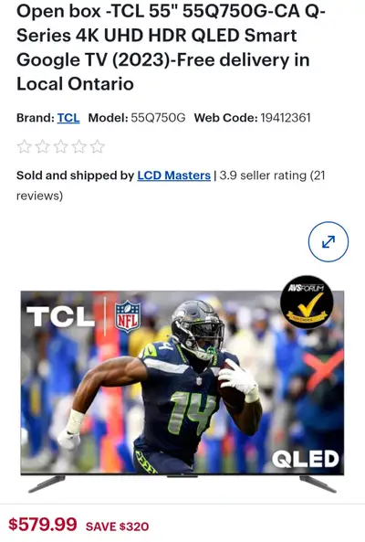 QLED SMART TV TCL 55 inches Q-Series 4K UHD HDR QLED $380, View more