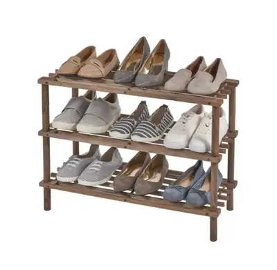 Organize your footwear with this three-tier wooden shoe rack, perfect for entryways, closets, or bed...
