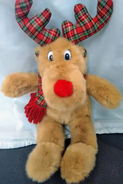 Vintage Avon Stuffed Reindeer 14" tall with plaid antlers, View more