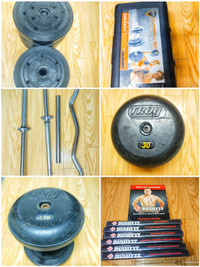 Workout equipment, weights, curling bar, barbell, dumbbells