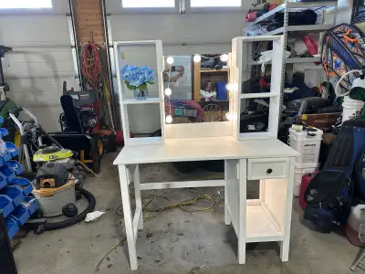 Custom White Vanity Desk w/ Mirror Lights & Storage – Handmade, View more