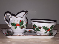 "Noel" pattern creamer and sugar bowl with tray