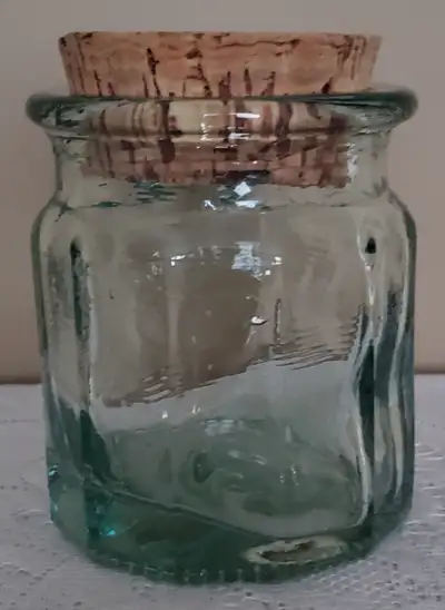 FACETTED THICK GLASS STORAGE JAR WITH CORK TOP, View more