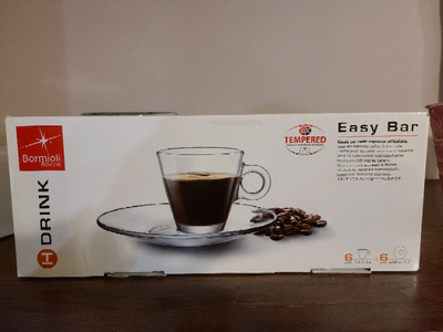 Bormioli Rocco Easy Bar Espresso and Saucer (BNIB) Classic set of 6, 3.5 oz. clear espresso cups wit...