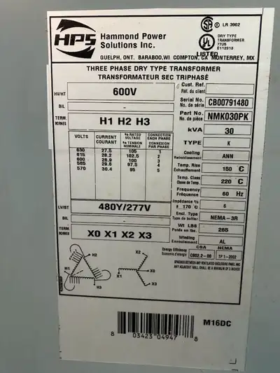 HPS 30 kVA, 3-phase isolation transformer. Model: NMK03PK Input: 600V Output: 480V Good working cond...