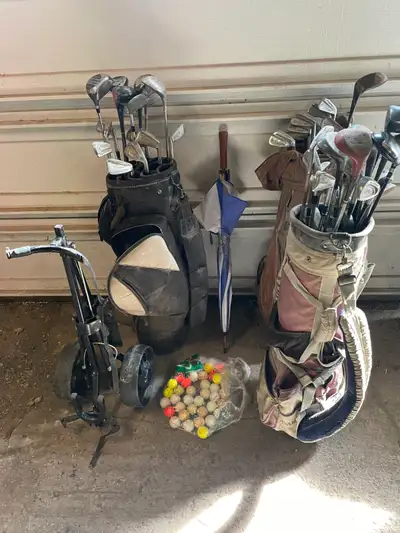Golf Clubs bags and a cart, View more