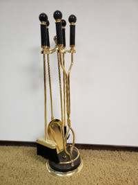 Black marble and polished brass fireplace toolset (five piece)