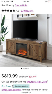 Tv stand brand new in box 70” long with fireplace 