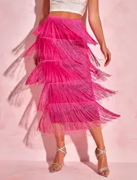 Pink High Waist Fringe Skirt