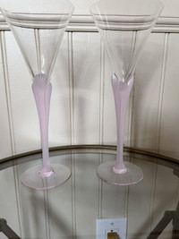 Sasaki Art Deco Crystal Pink Frosted Stem Champagne Flutes