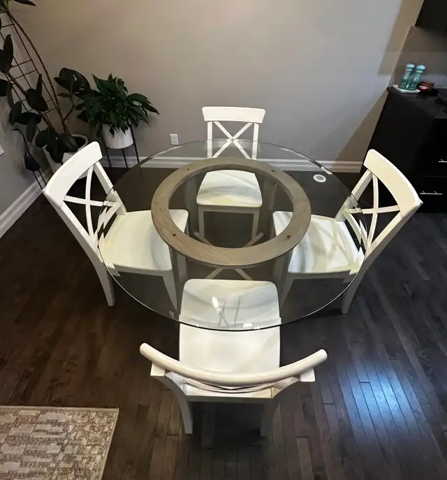 Crate & Barrel Glass Dining Table + 4 IKEA Chairs – $275 | Dining ...