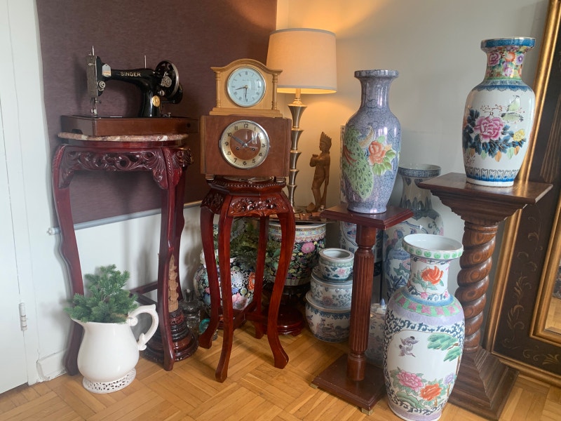 Antique Sewing machine, clock and old wall phone for sale Arts
