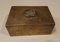 Vintage Chinese Brass Hinged Trinket Box with Jade & Wood Lined