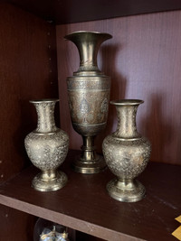 Vintage Indian Brass Vases, Engraved, Enamelled Flowers