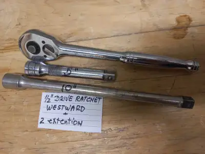 This is a Westward 1/2" drive ratchet with 2 extensions, 5" and 10". This is a used set, in good con...