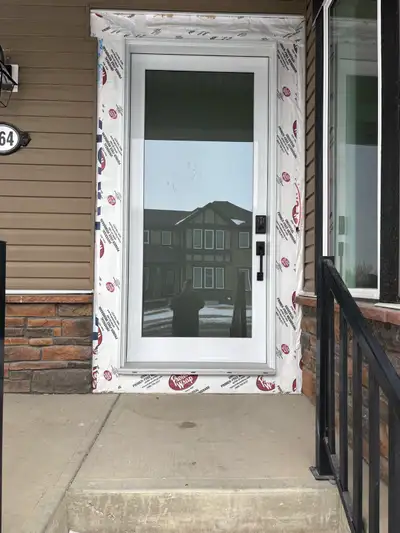 40” x 94” LH metal front door with etched glass and 72” x 94” fixed right panel left opening double...