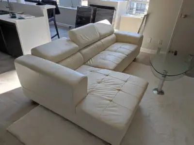 Beige Structube Leather Sectional Sofa w/Adjustable Headrest, View more