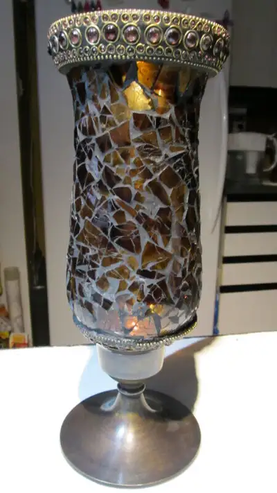 Beautiful brass and mosaic glass shade candle holder 13"H, View more