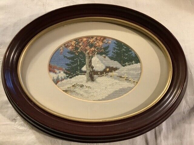 Vintage Cross Stitch of a Winter Country Scene Oval Wood Frame in Arts & Collectibles in Belleville - Image 3