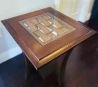 Walnut Finish Side Table with Glass Insert and Woven Wood Detail