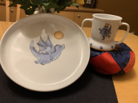 LOVELY CHILDRENS PLATE &  DOUBLE HANDLED MUG WITH DRAGON PICTURE