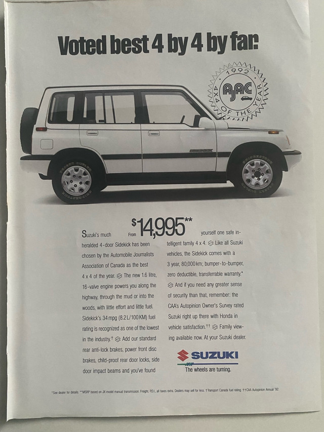 1992 Suzuki Sidekick Original Ad in Arts & Collectibles in North Bay