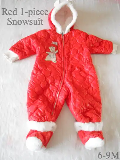 Snowsuit, unisex, red/white trim, 1-pc hood to pants + booties, View more